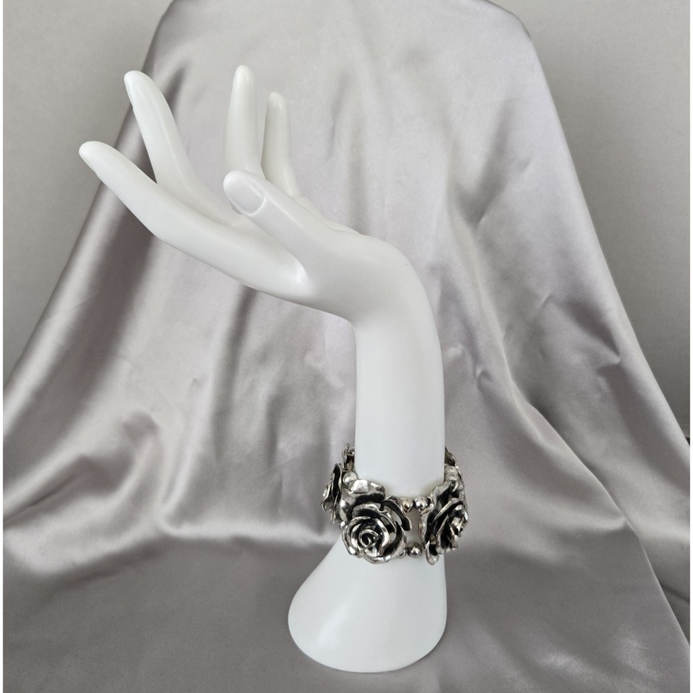 Silver-tone Stretch Bracelet Heavy Intricately Formed Metal Roses
